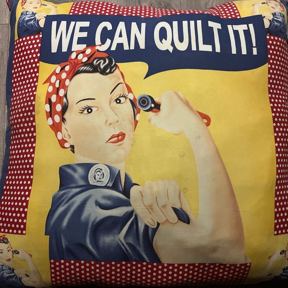 Large pillow 22by22" says "keep on Quilting" handmade yellow red blue unique